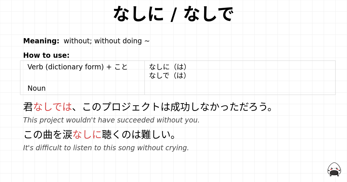 JLPT N1 Grammar: なしに / なしで - jlpt.amgidex.com