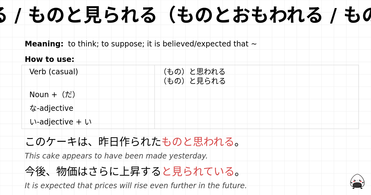 JLPT N1 Grammar: ものと思われる / ものと見られる(ものとおもわれる / ものとみられる) - jlpt.amgidex.com