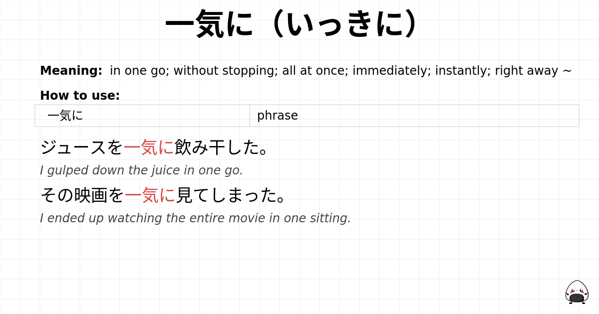 JLPT N2 Grammar: 一気に(いっきに) - jlpt.amgidex.com
