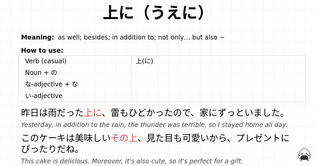 JLPT N3 Grammar: 上に(うえに) - jlpt.amgidex.com