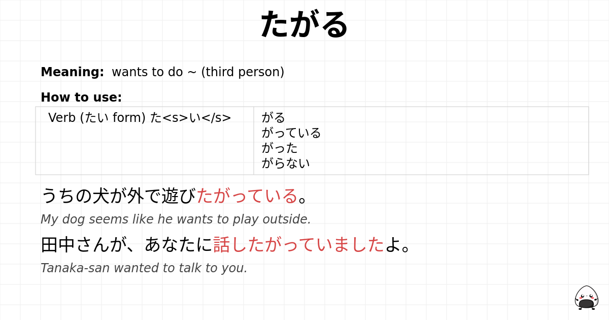 JLPT N4 Grammar: たがる - jlpt.amgidex.com
